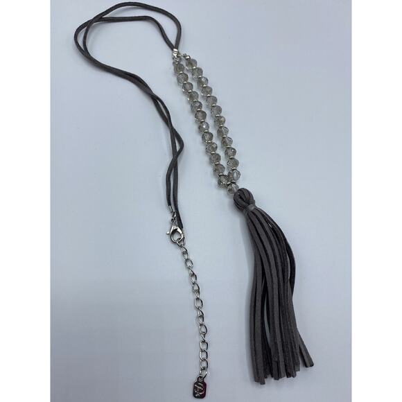 You and I Suede Tassel necklace Gray Crystal Long Necklace 32" + 4.5" - Picture 4 of 9